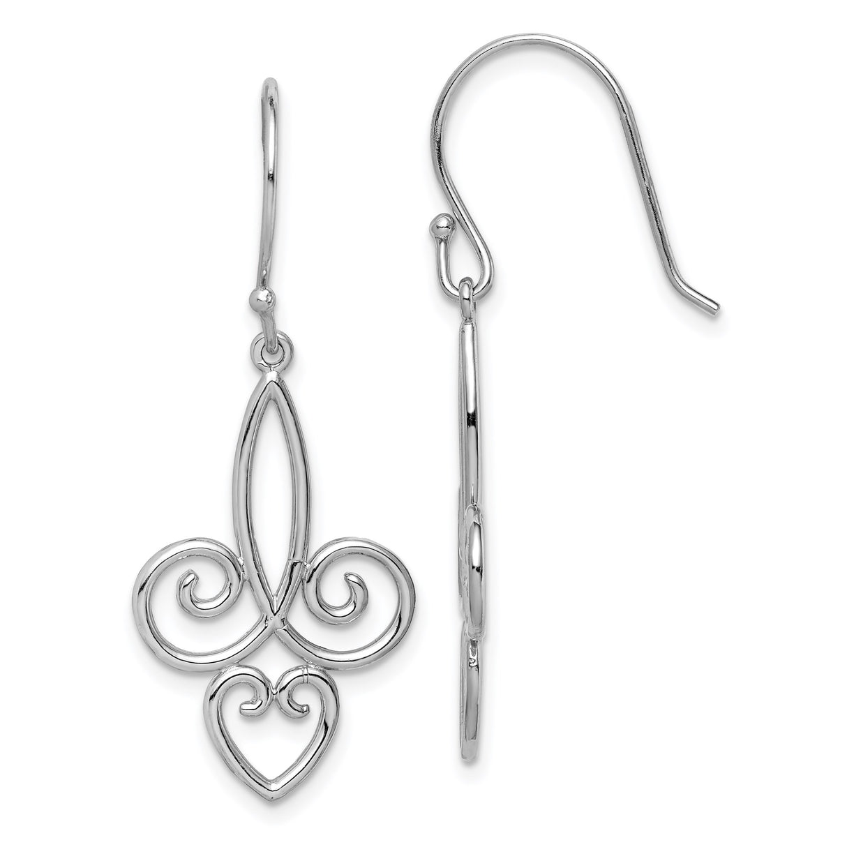 Sterling Silver Dangle Earrings with Openwork Fleur de Lis and Heart Motif
