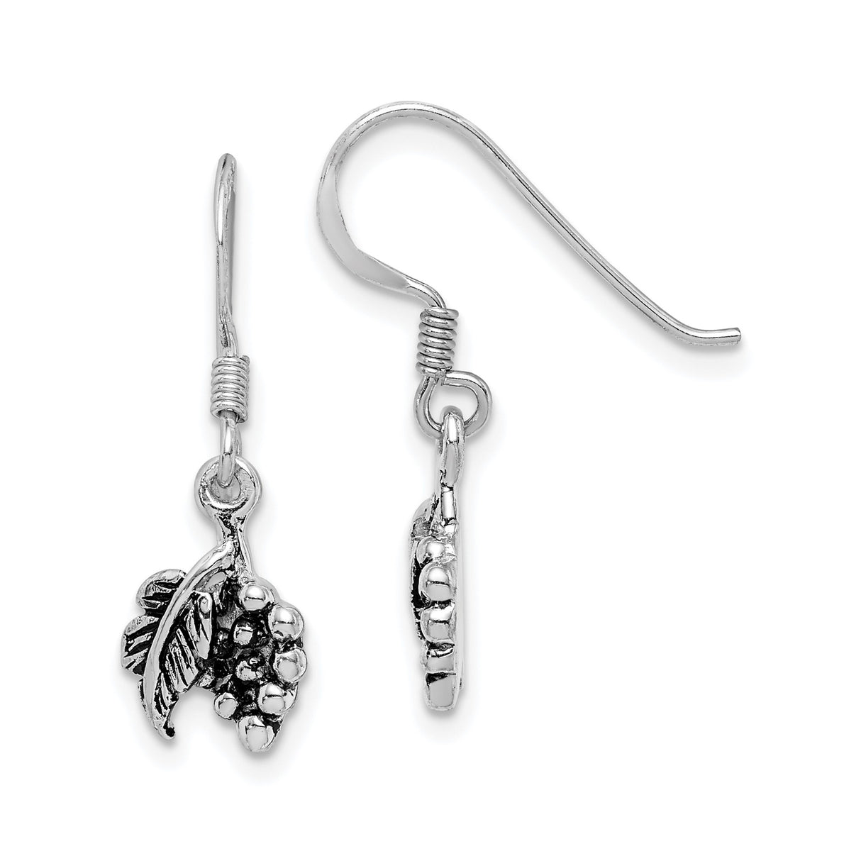 Sterling Silver Dangle Earrings with Grape Cluster and Leaf Design, Nature-Inspired Vine Motif