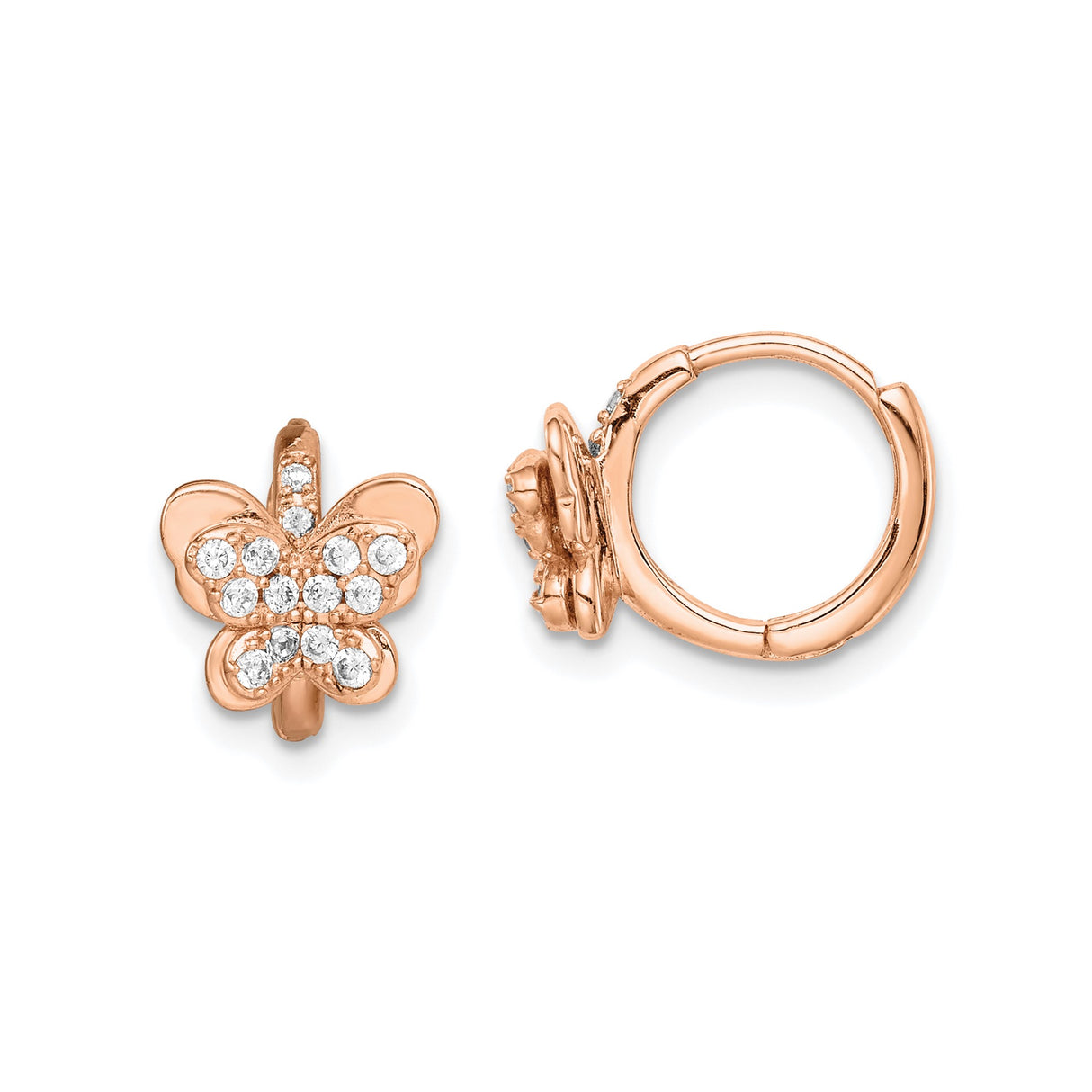 Sterling Silver Hoop Earrings with Butterfly Charms and Cubic Zirconia, Rose Gold-Plated for Women