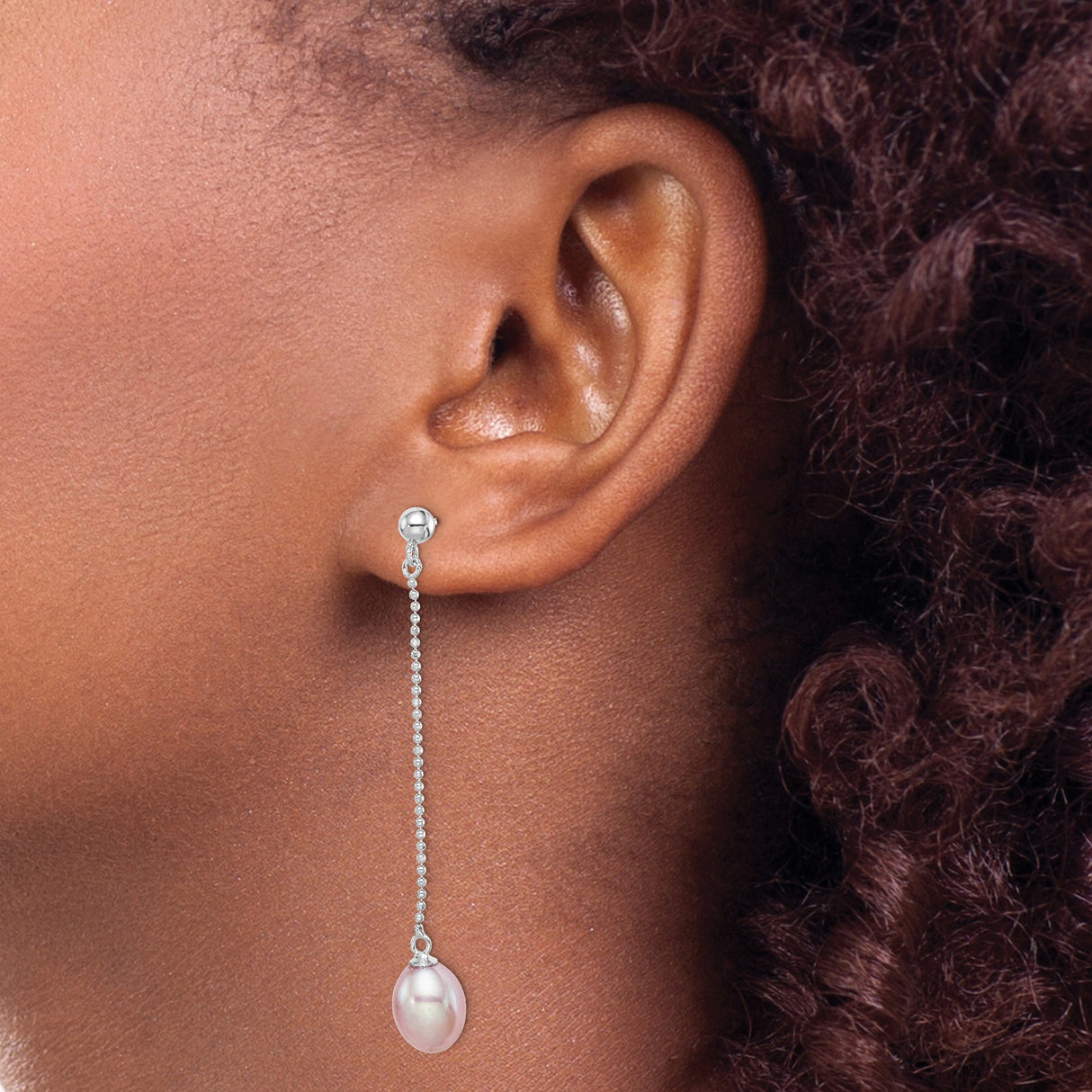 Sterling Silver Drop Earrings with Pink Freshwater Pearls, Delicate Chain Dangle Design