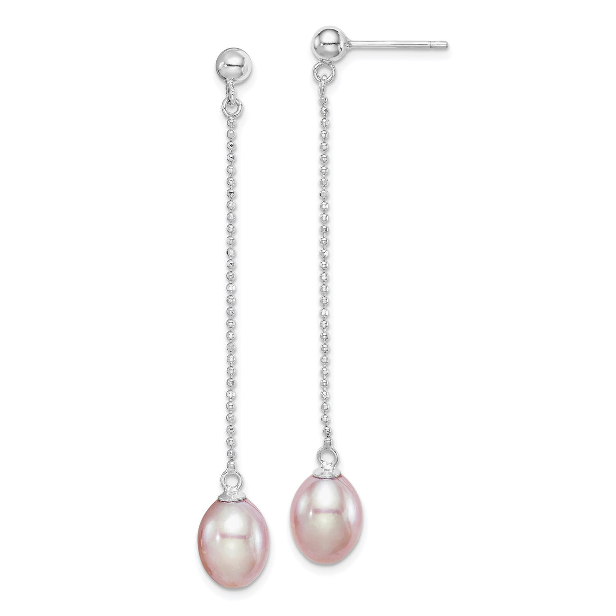 Sterling Silver Drop Earrings with Pink Freshwater Pearls, Delicate Chain Dangle Design