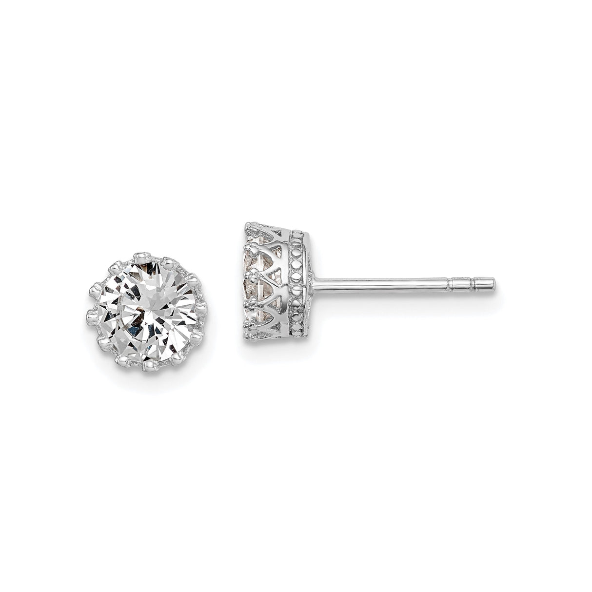 Sterling Silver Stud Earrings with Round Cut Cubic Zirconia and Filigree Crown Setting