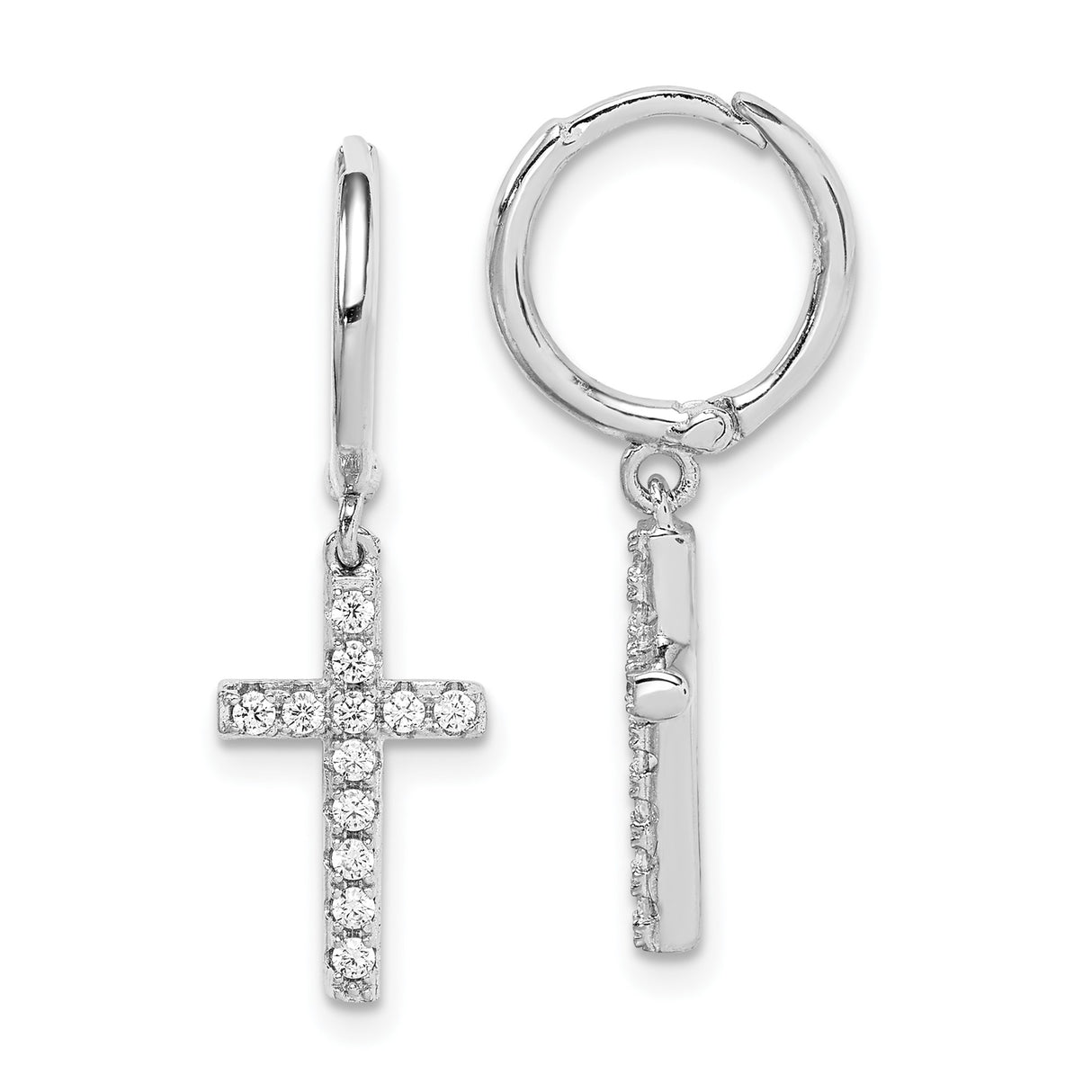 Sterling Silver Cross Hoop Earrings with Cubic Zirconia Dangle Charm, Rhodium Plated Religious Jewelry