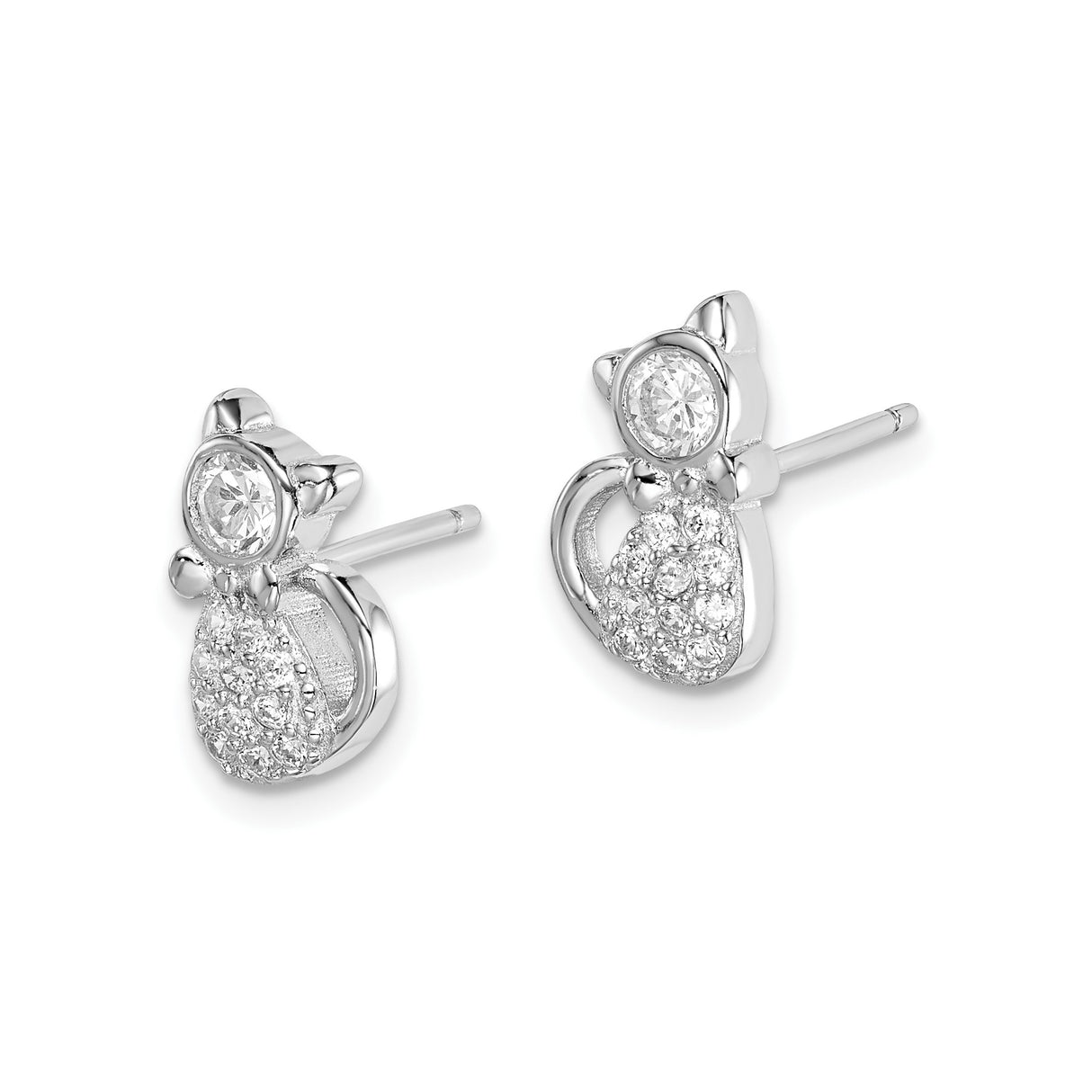 Sterling Silver Cat Stud Earrings with Clear Cubic Zirconia, Whimsical Feline Design
