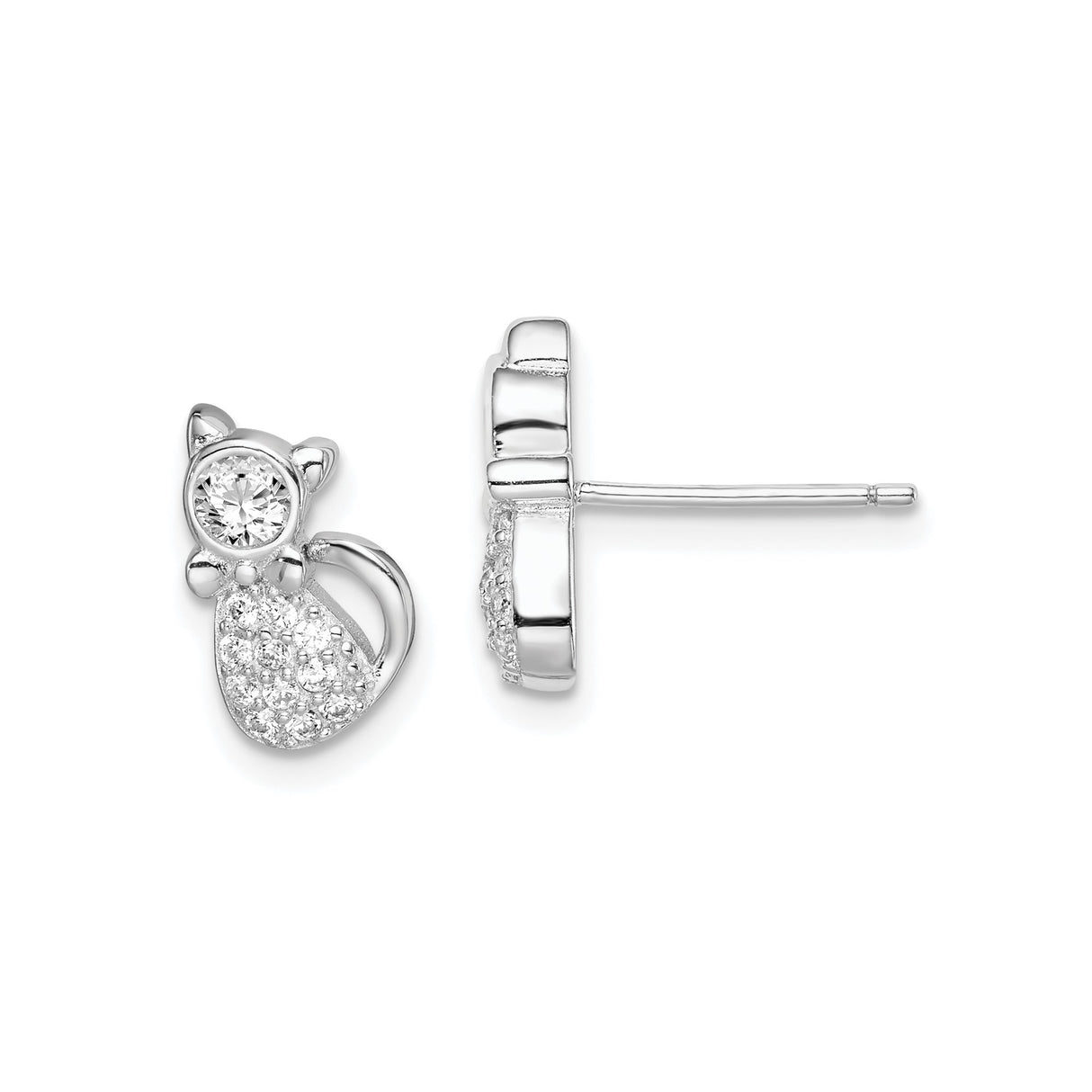 Sterling Silver Cat Stud Earrings with Clear Cubic Zirconia, Whimsical Feline Design