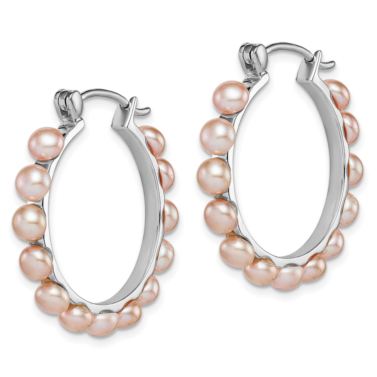 Sterling Silver Hoop Earrings with Pink Freshwater Cultured Pearls, Rhodium Finish