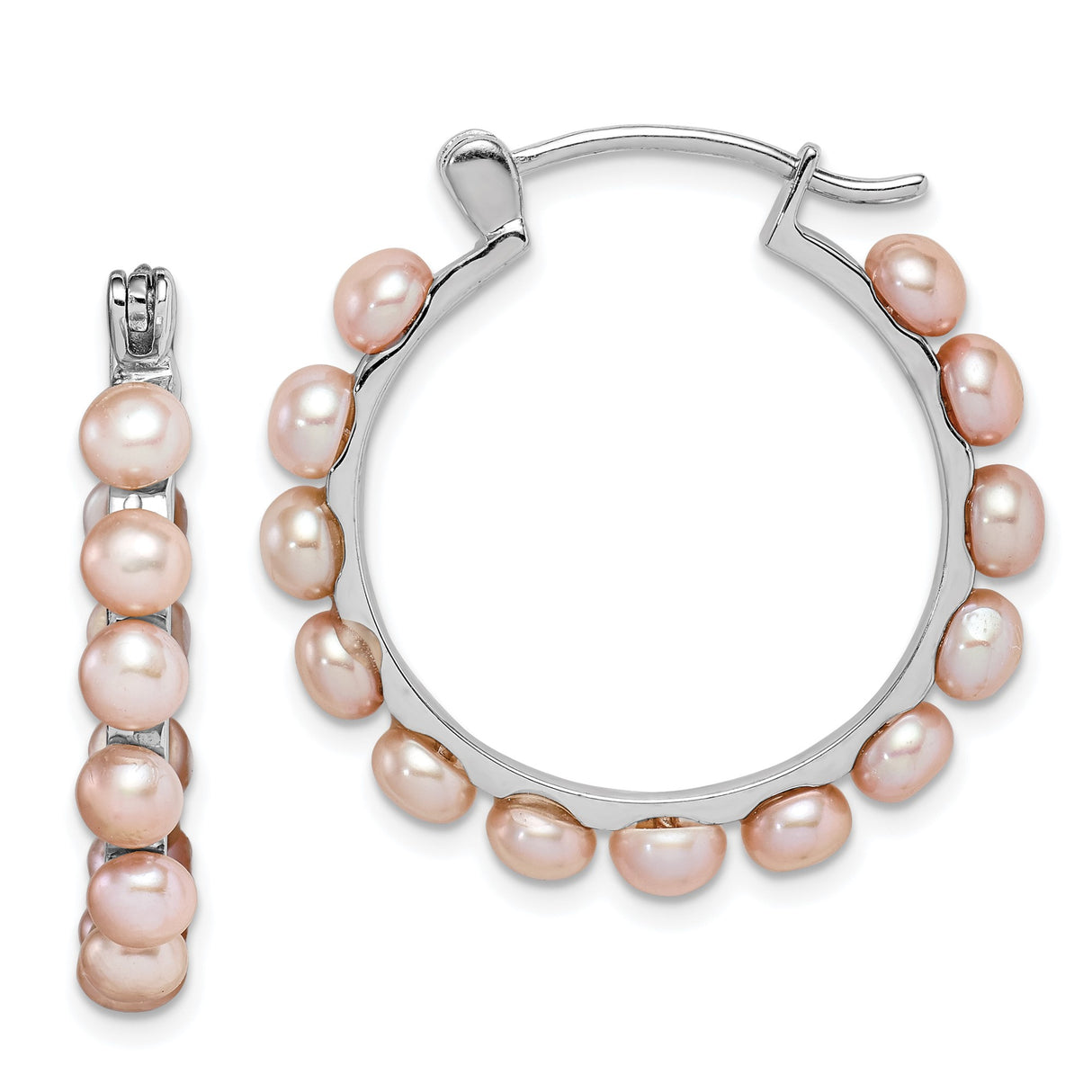 Sterling Silver Hoop Earrings with Pink Freshwater Cultured Pearls, Rhodium Finish