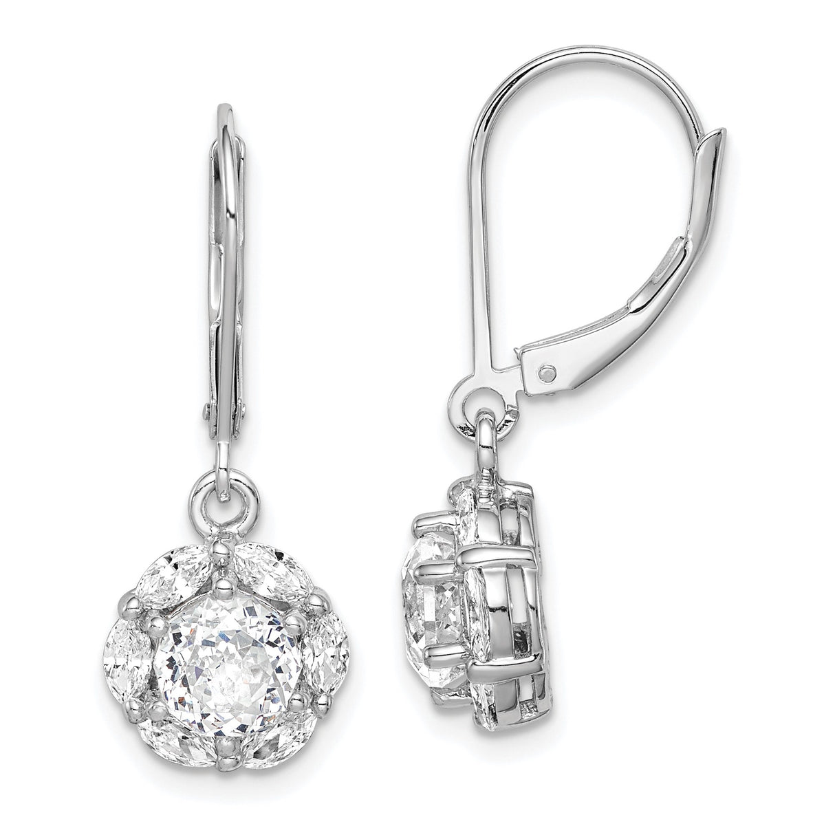 Sterling Silver Drop Earrings with Cubic Zirconia, Floral Halo Design, Leverback Closures