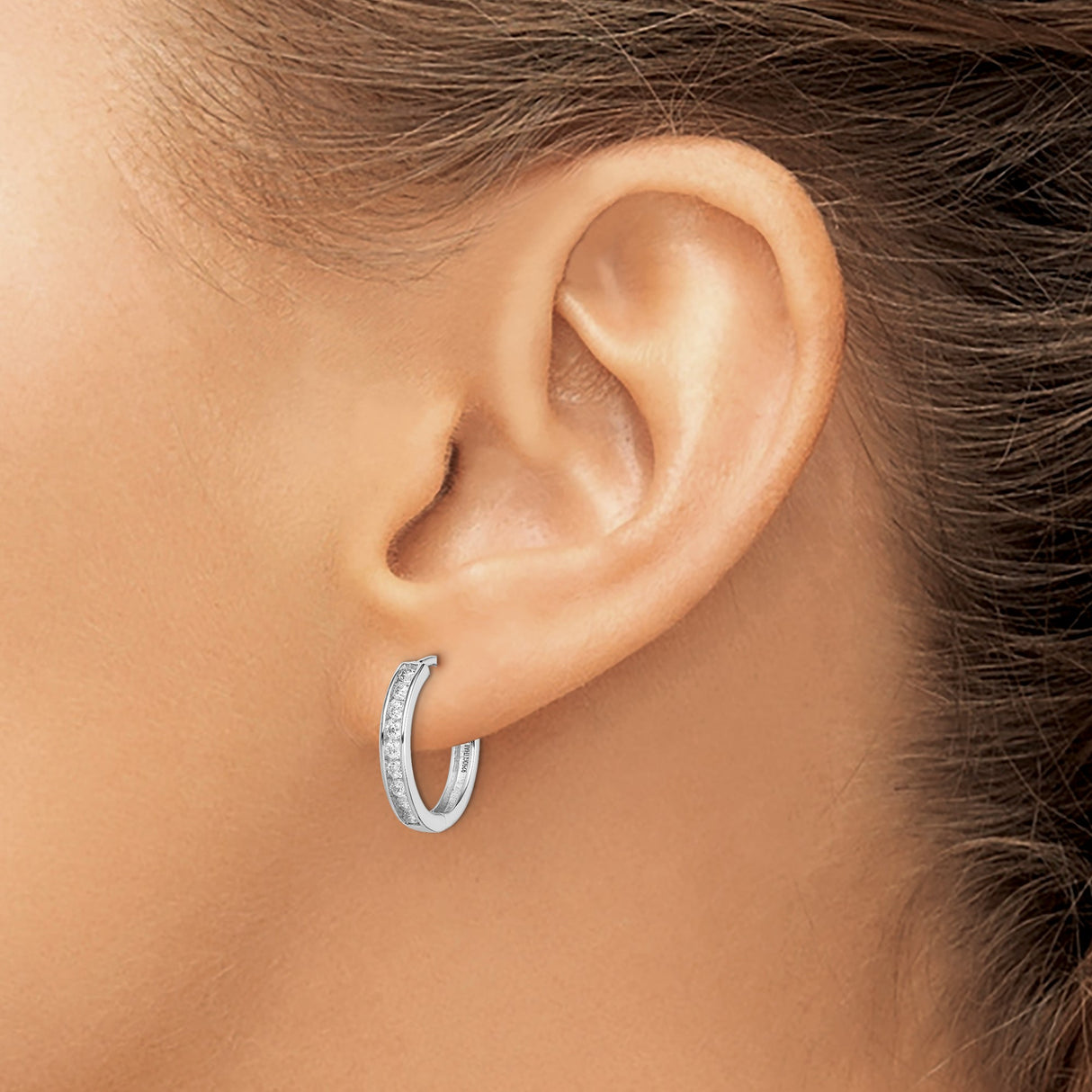 Sterling Silver Hoop Earrings with Round Cut Cubic Zirconia in Channel Setting