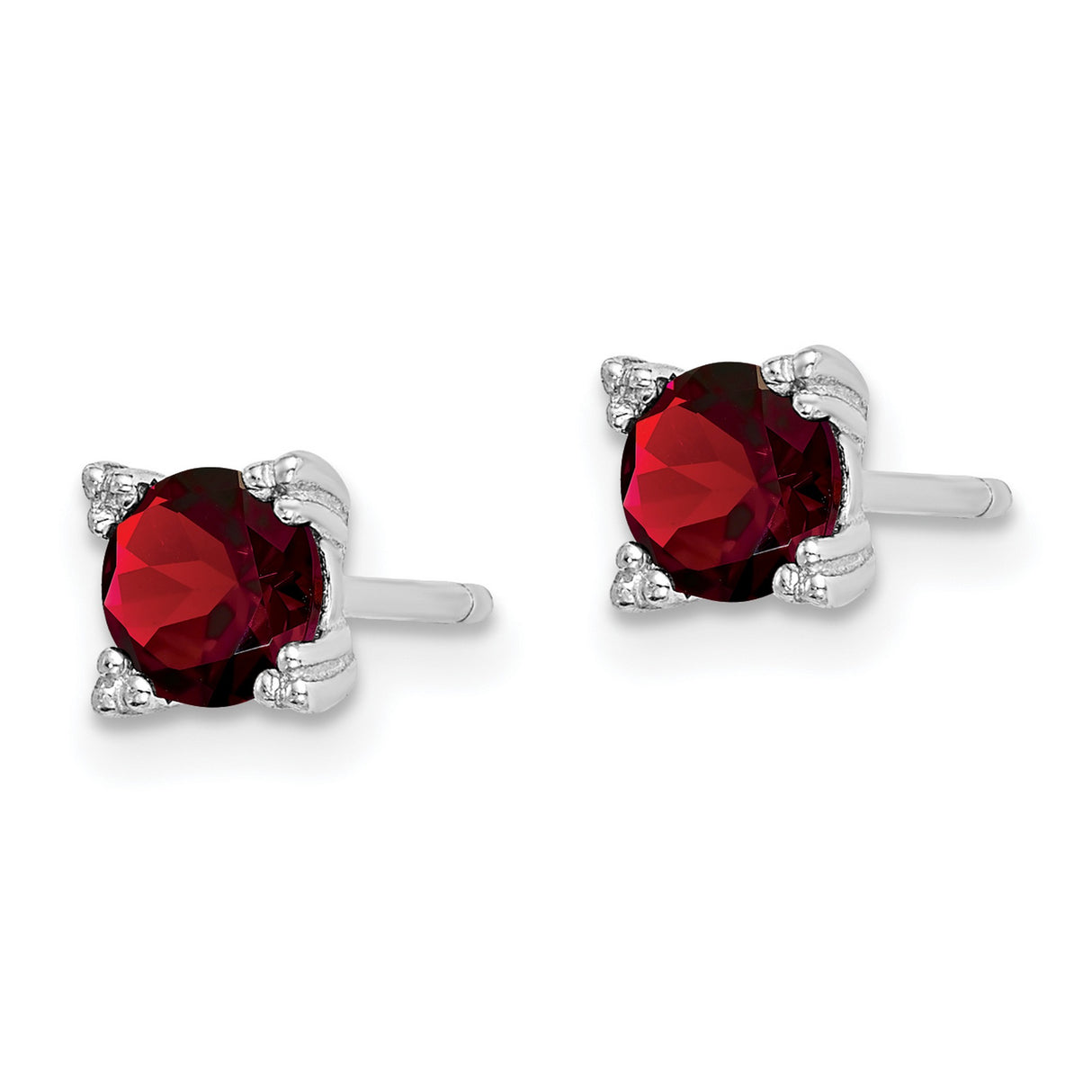 Sterling Silver Stud Earrings with Garnet, Round Cut, Classic Four Prong Setting