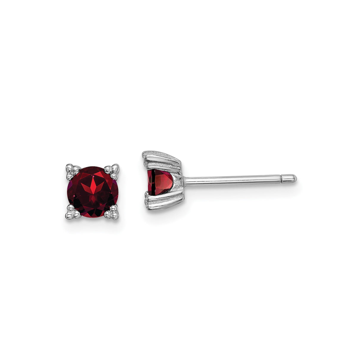 Sterling Silver Stud Earrings with Garnet, Round Cut, Classic Four Prong Setting