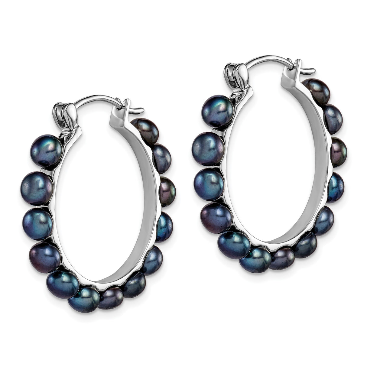 Sterling Silver Hoop Earrings with Black Freshwater Pearls, Rhodium Plated Medium Hoops