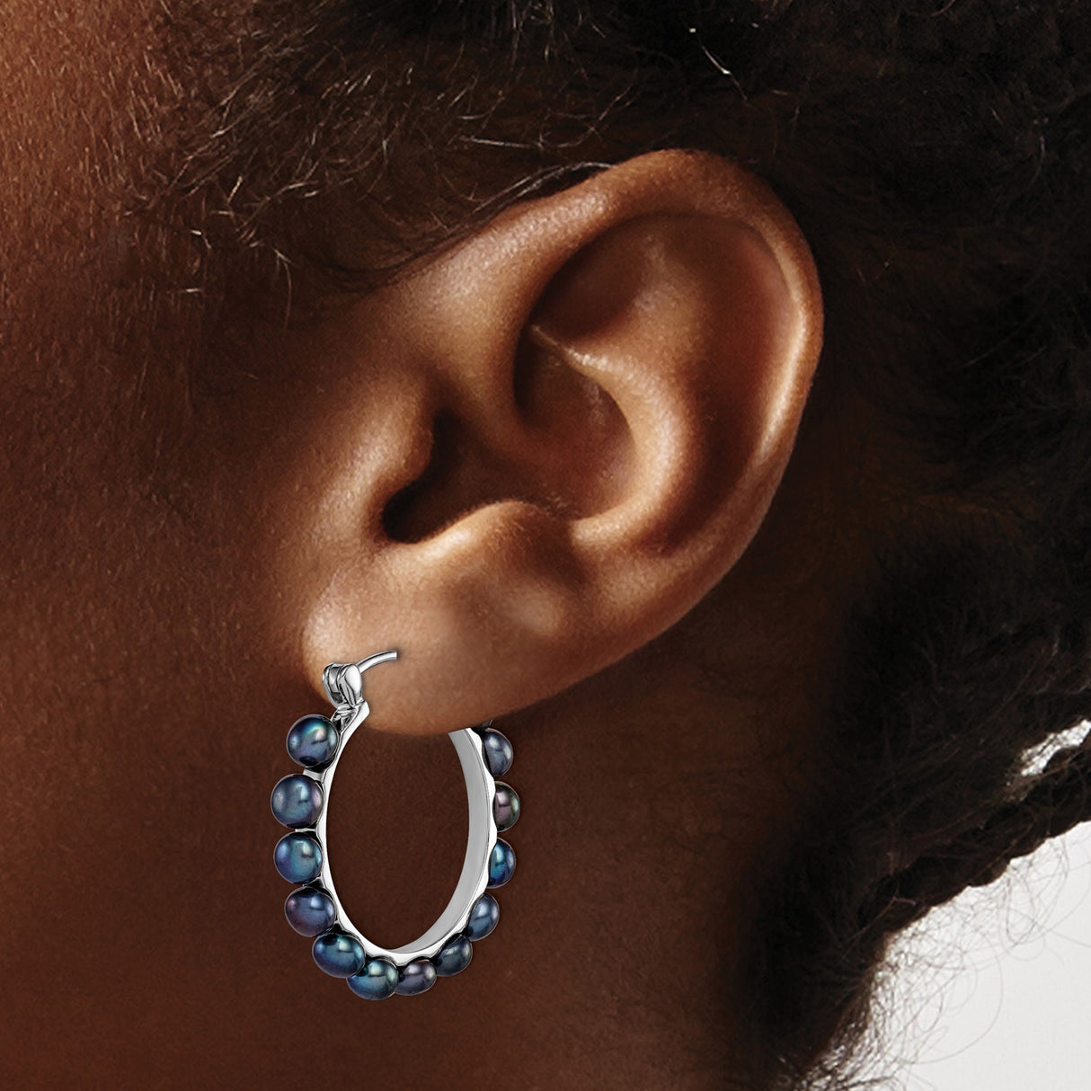 Sterling Silver Hoop Earrings with Black Freshwater Pearls, Rhodium Plated Medium Hoops