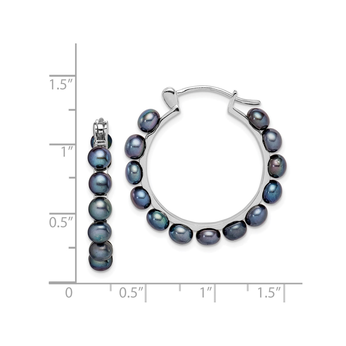 Sterling Silver Hoop Earrings with Black Freshwater Pearls, Rhodium Plated Medium Hoops