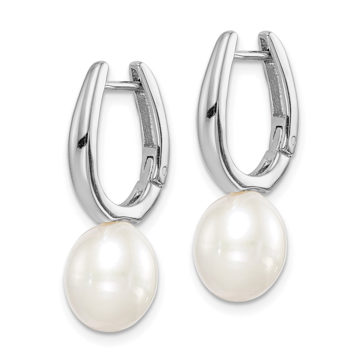 Sterling Silver Drop Earrings with Oval White Freshwater Pearls, Minimalist Hoop Design