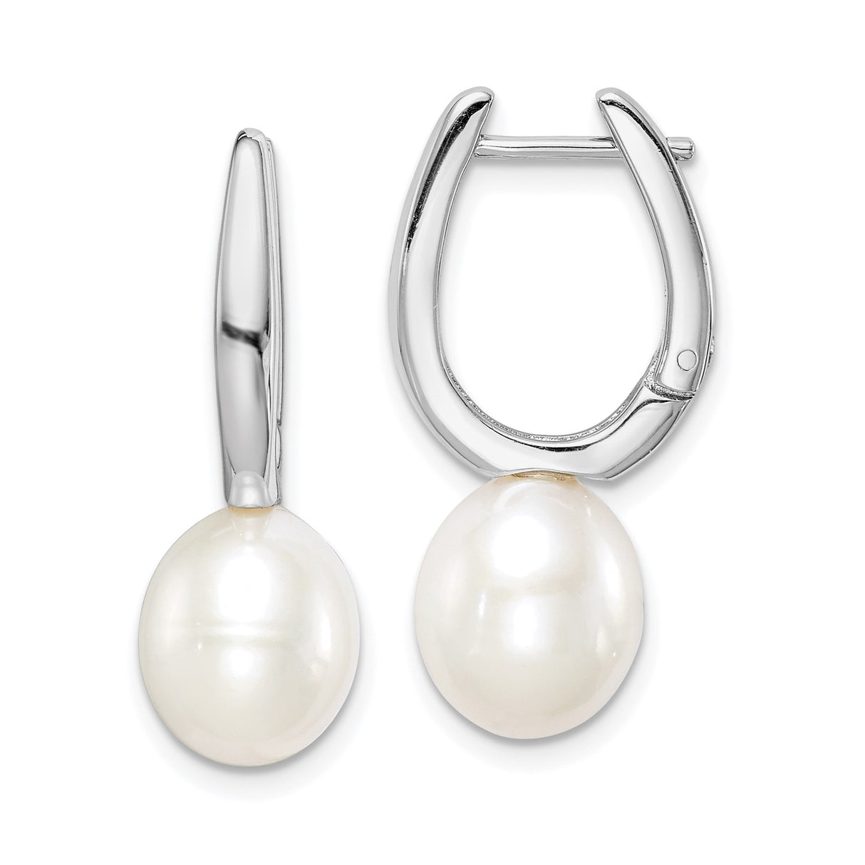 Sterling Silver Drop Earrings with Oval White Freshwater Pearls, Minimalist Hoop Design