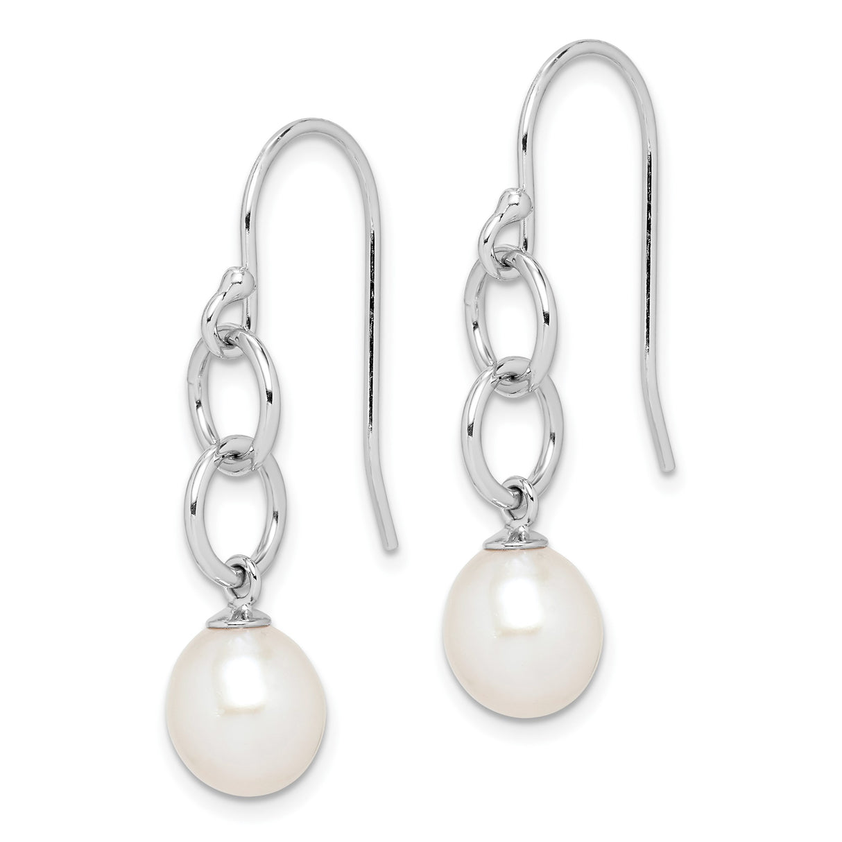 Sterling Silver Drop Earrings with White Freshwater Pearls, Interlocking Circle Design