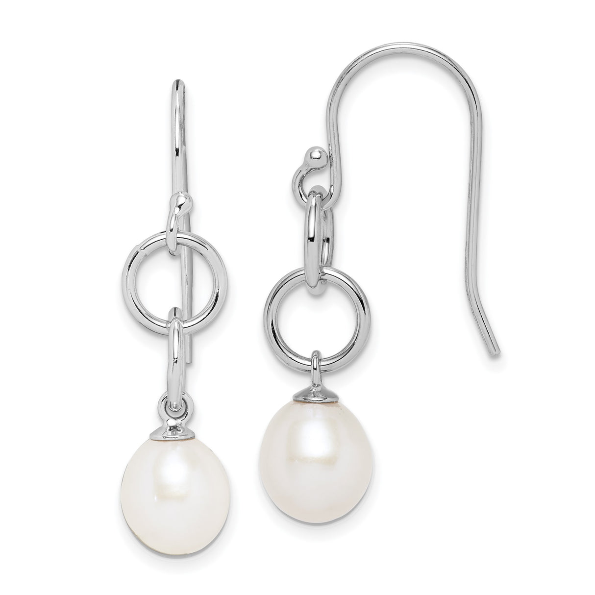 Sterling Silver Drop Earrings with White Freshwater Pearls, Interlocking Circle Design