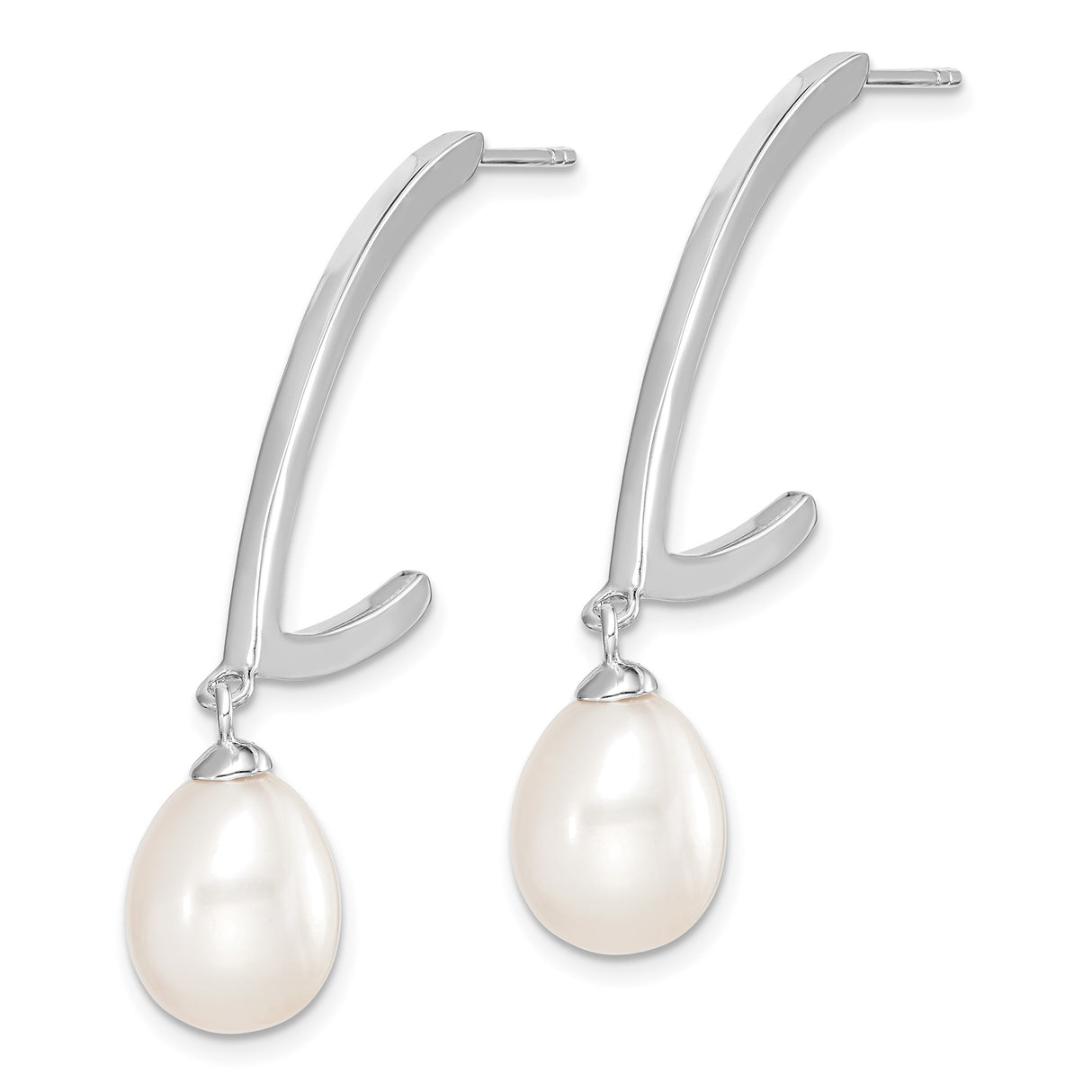 Sterling Silver Drop Earrings with White Freshwater Pearls, Sleek Arc Design for Women