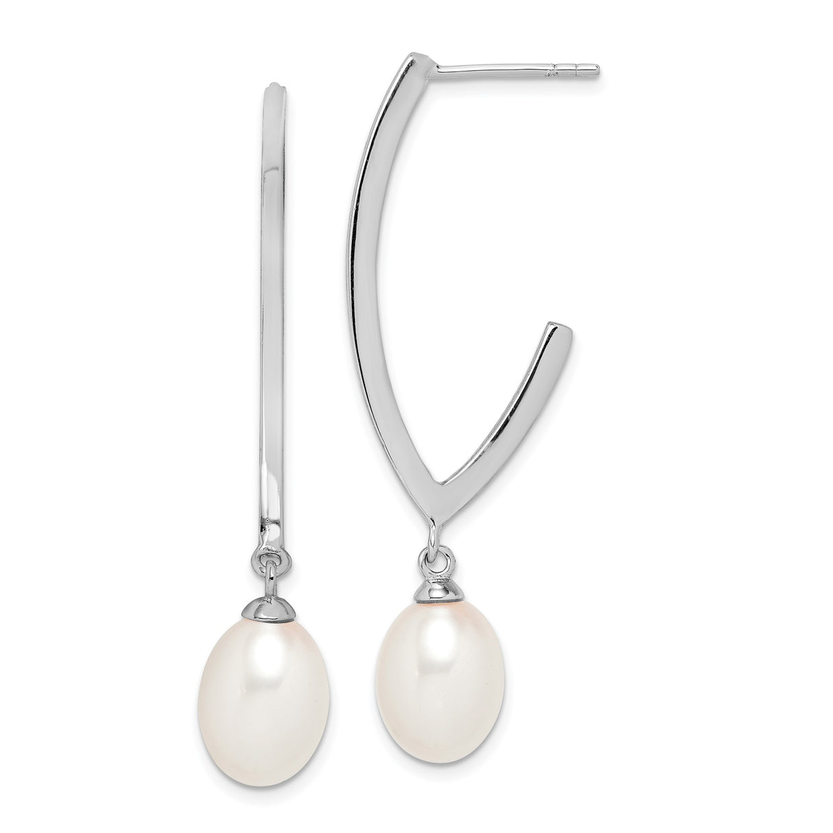 Sterling Silver Drop Earrings with White Freshwater Pearls, Sleek Arc Design for Women