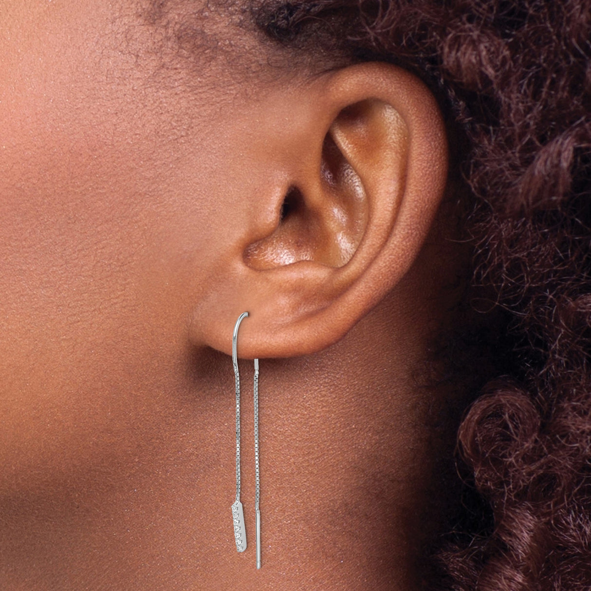 Sterling Silver Threader Earrings with Cubic Zirconia, Minimalist Bar Pull-Through Style