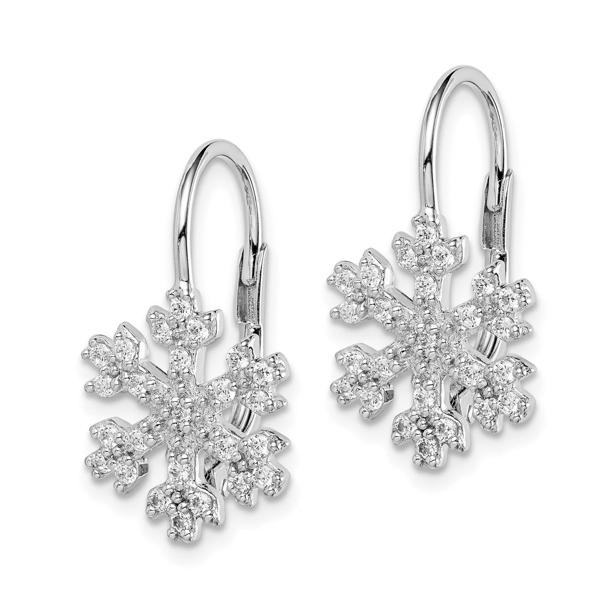Sterling Silver Drop Earrings with Clear Cubic Zirconia, Snowflake Winter Theme, Leverback Design