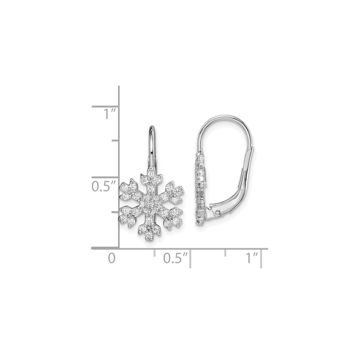 Sterling Silver Drop Earrings with Clear Cubic Zirconia, Snowflake Winter Theme, Leverback Design
