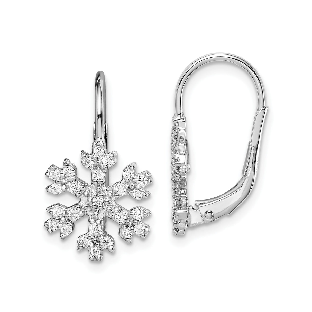 Sterling Silver Drop Earrings with Clear Cubic Zirconia, Snowflake Winter Theme, Leverback Design