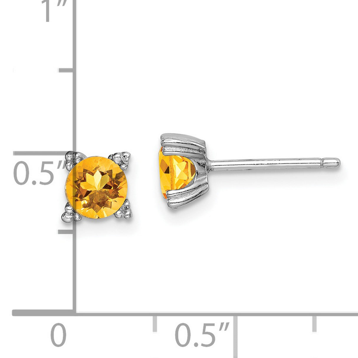 Sterling Silver Stud Earrings with Round Citrine in Four Prong Setting and Bead Accents