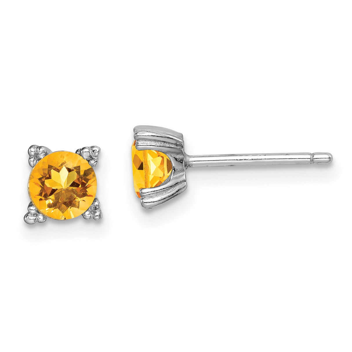 Sterling Silver Stud Earrings with Round Citrine in Four Prong Setting and Bead Accents