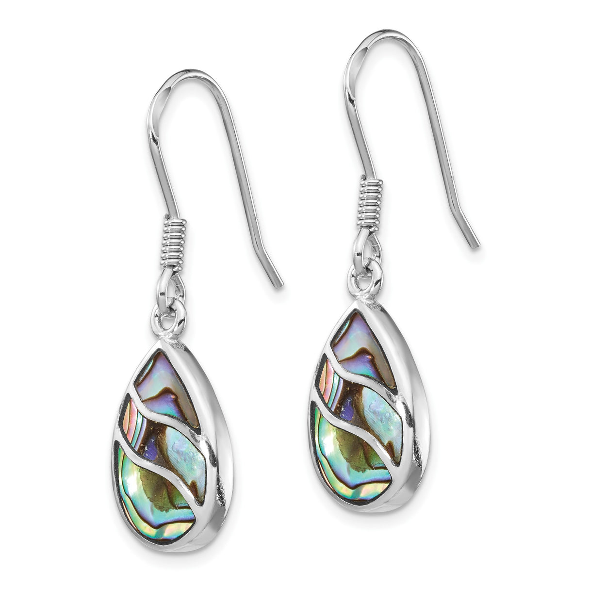 Sterling Silver Dangle Earrings with Teardrop Abalone Shell, Wave Design, Ocean Motif, Boho Style