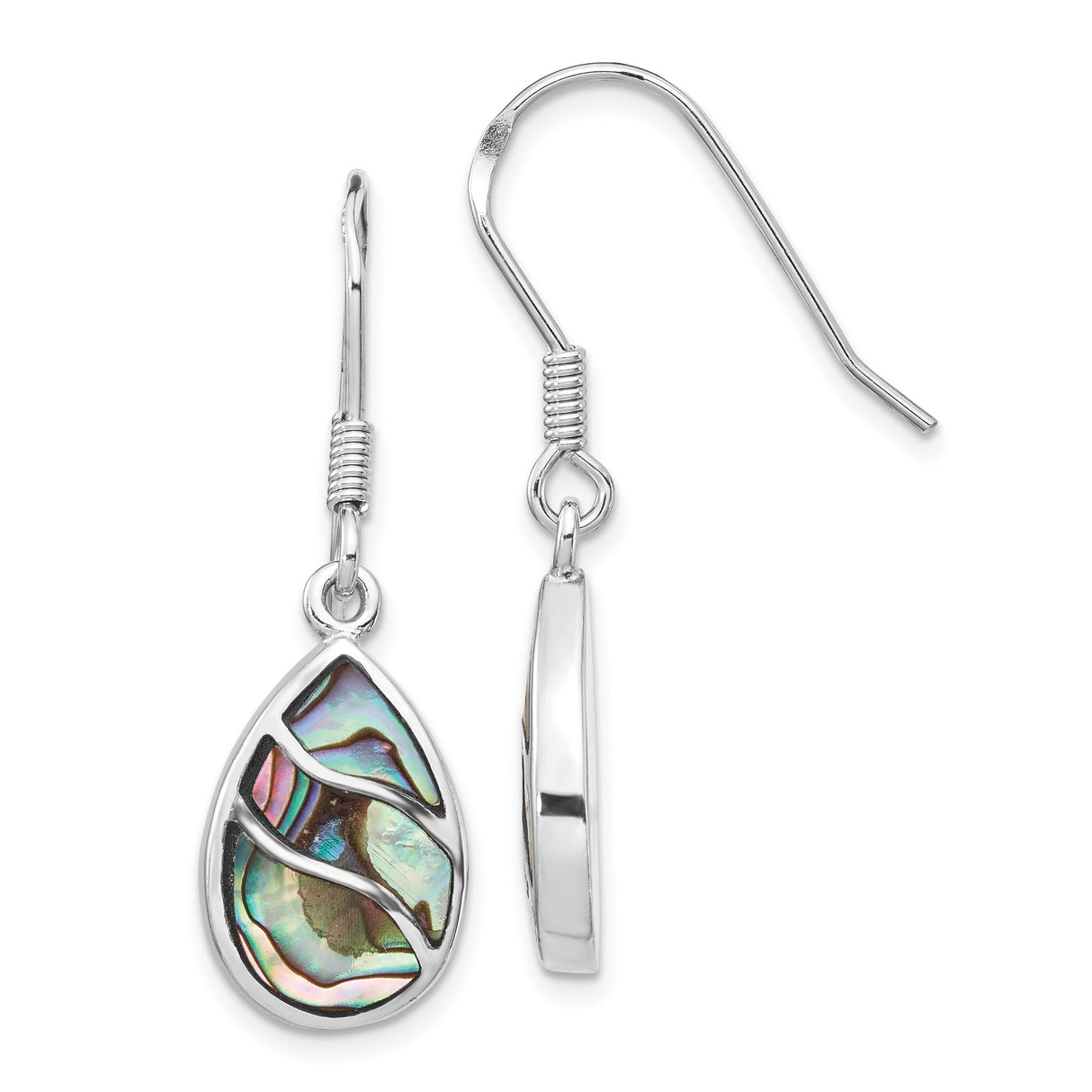 Sterling Silver Dangle Earrings with Teardrop Abalone Shell, Wave Design, Ocean Motif, Boho Style