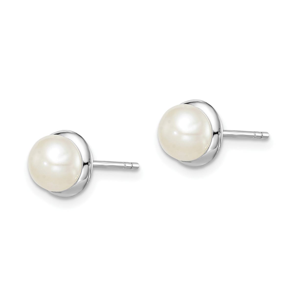 Sterling Silver Pearl Stud Earrings, Round White Cultured Pearls in Bezel Setting