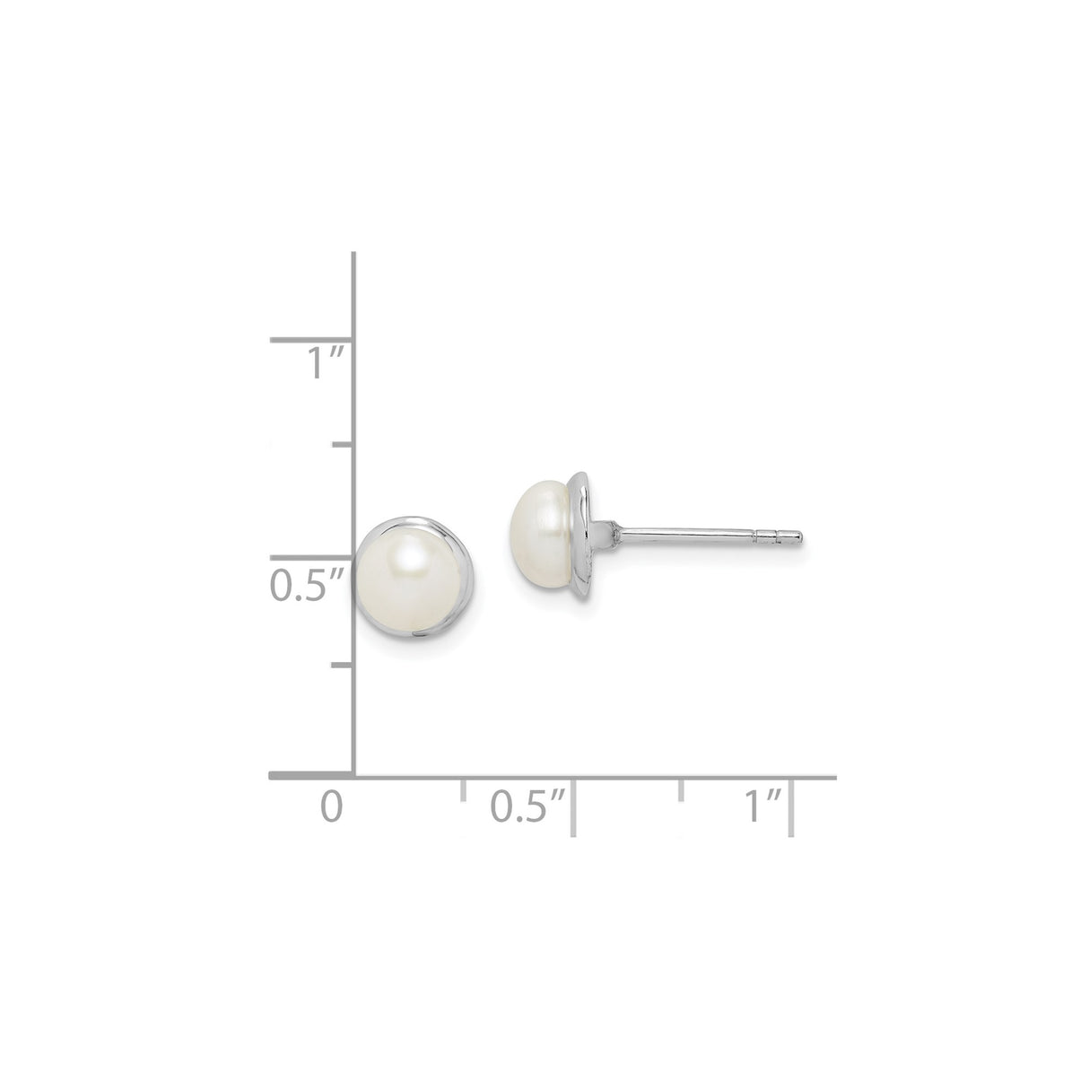 Sterling Silver Pearl Stud Earrings, Round White Cultured Pearls in Bezel Setting