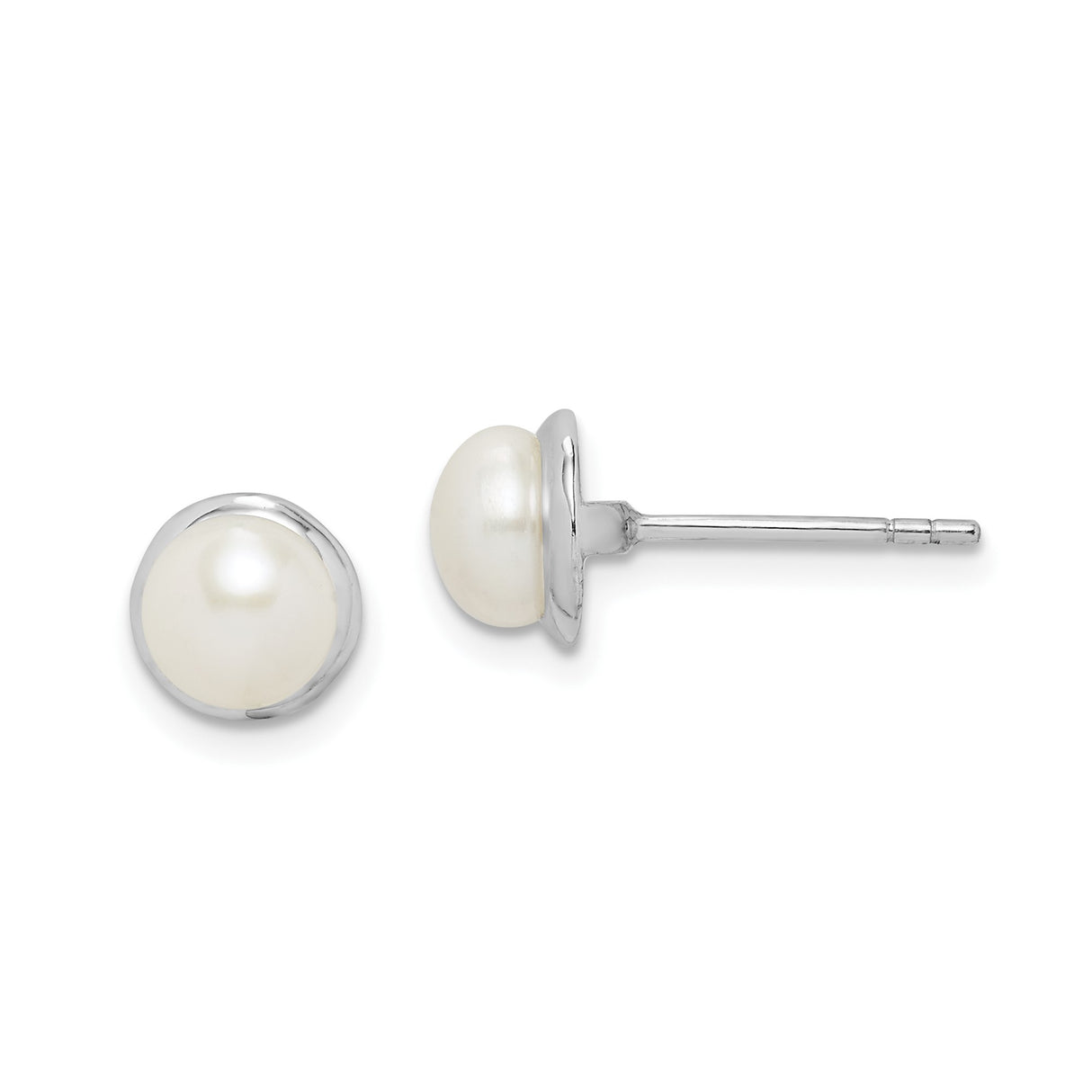 Sterling Silver Pearl Stud Earrings, Round White Cultured Pearls in Bezel Setting