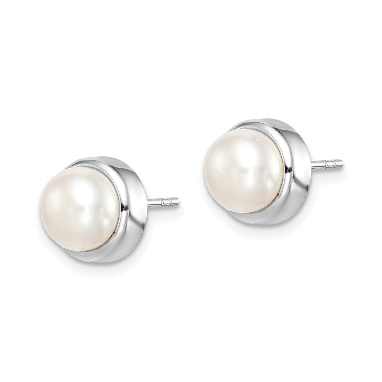 Sterling Silver Stud Earrings with Round White Freshwater Cultured Pearls, Classic Bezel Setting