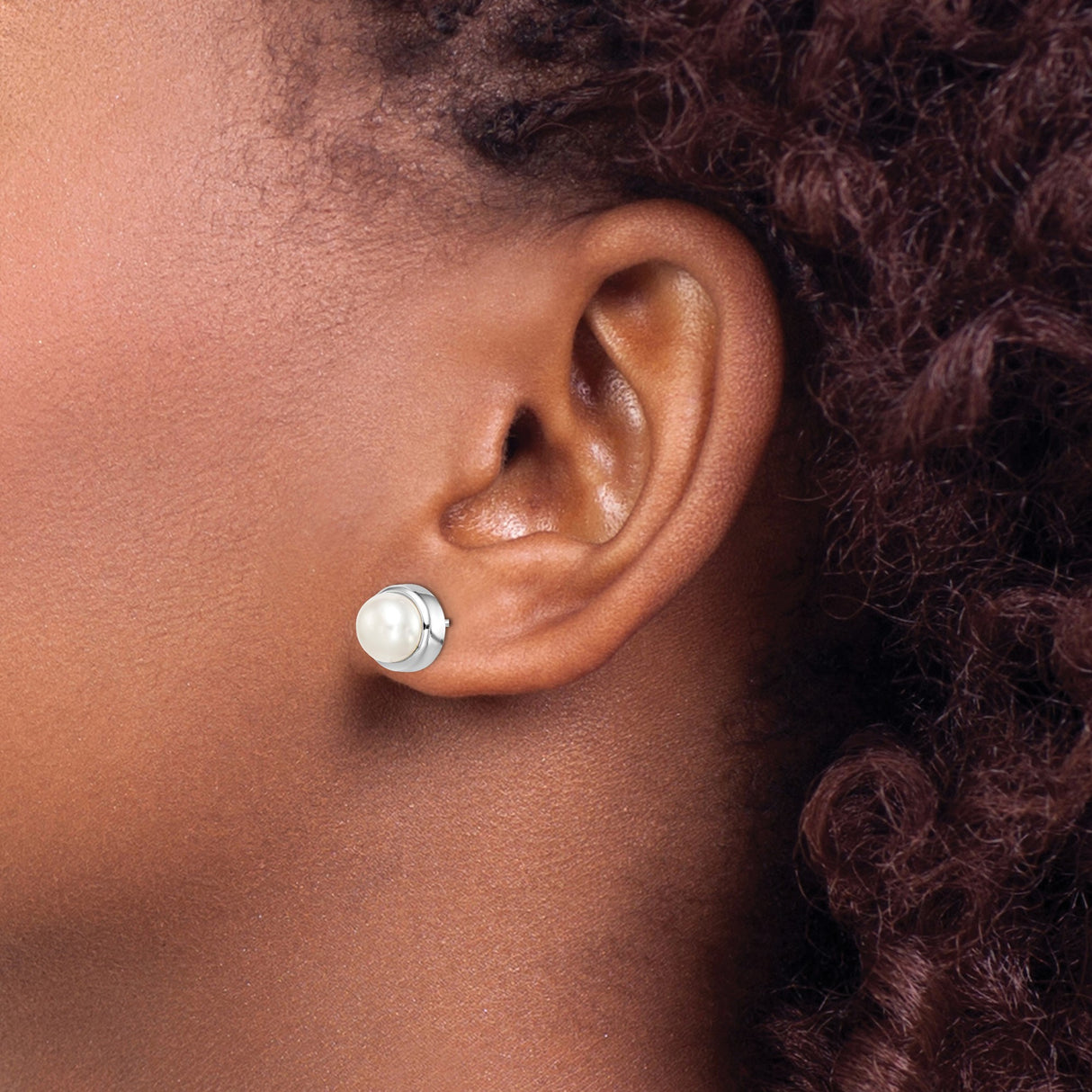 Sterling Silver Stud Earrings with Round White Freshwater Cultured Pearls, Classic Bezel Setting