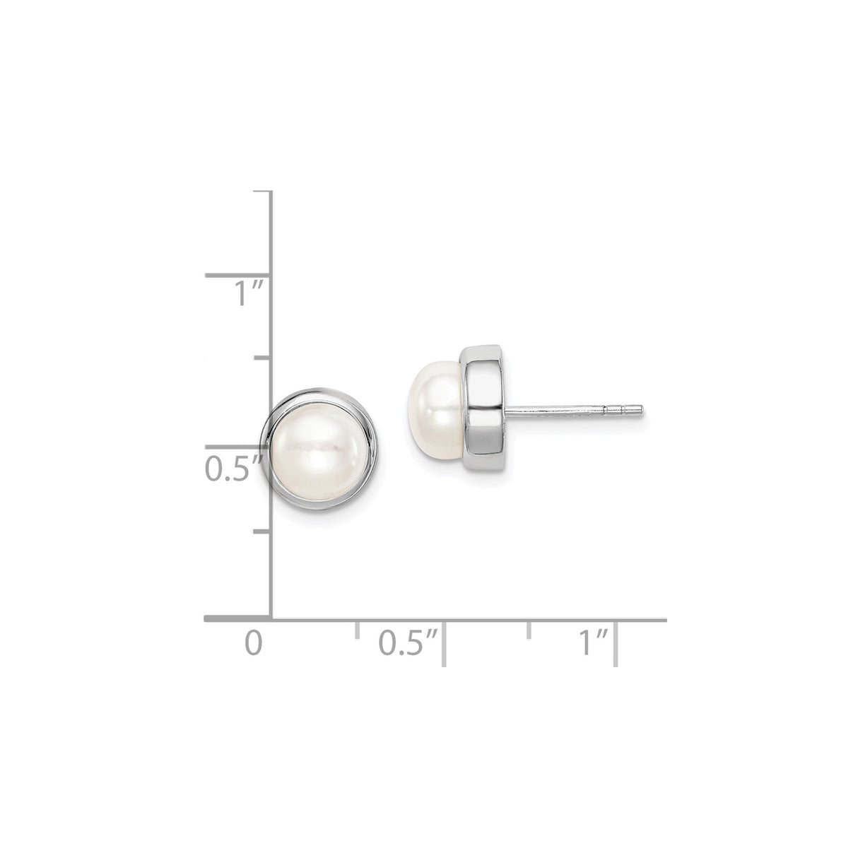 Sterling Silver Stud Earrings with Round White Freshwater Cultured Pearls, Classic Bezel Setting