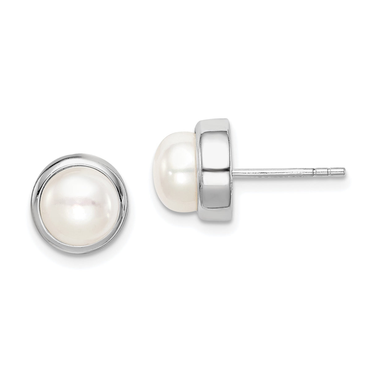 Sterling Silver Stud Earrings with Round White Freshwater Cultured Pearls, Classic Bezel Setting