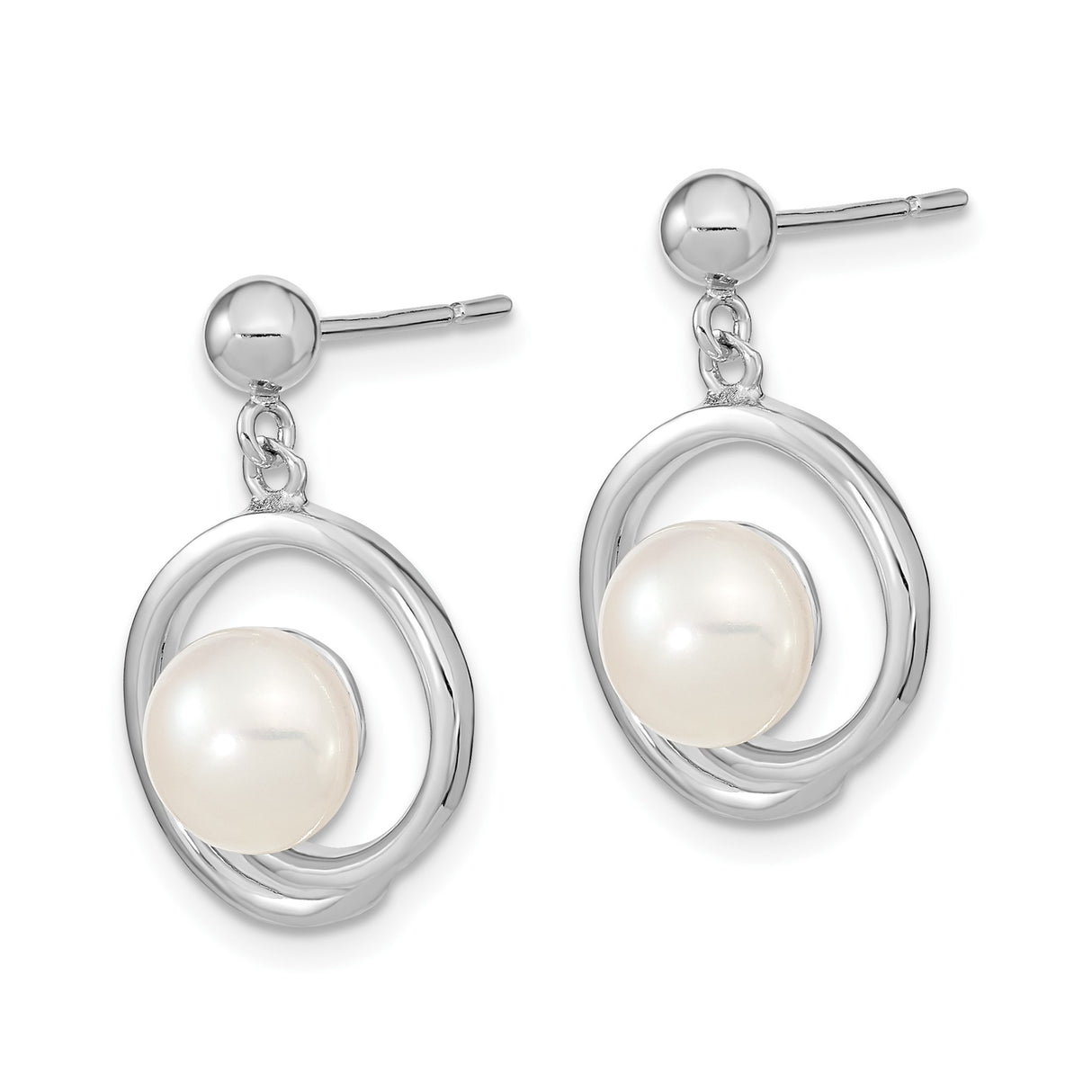 Sterling Silver Drop Earrings with Round White Cultured Freshwater Pearls, Swirl Design