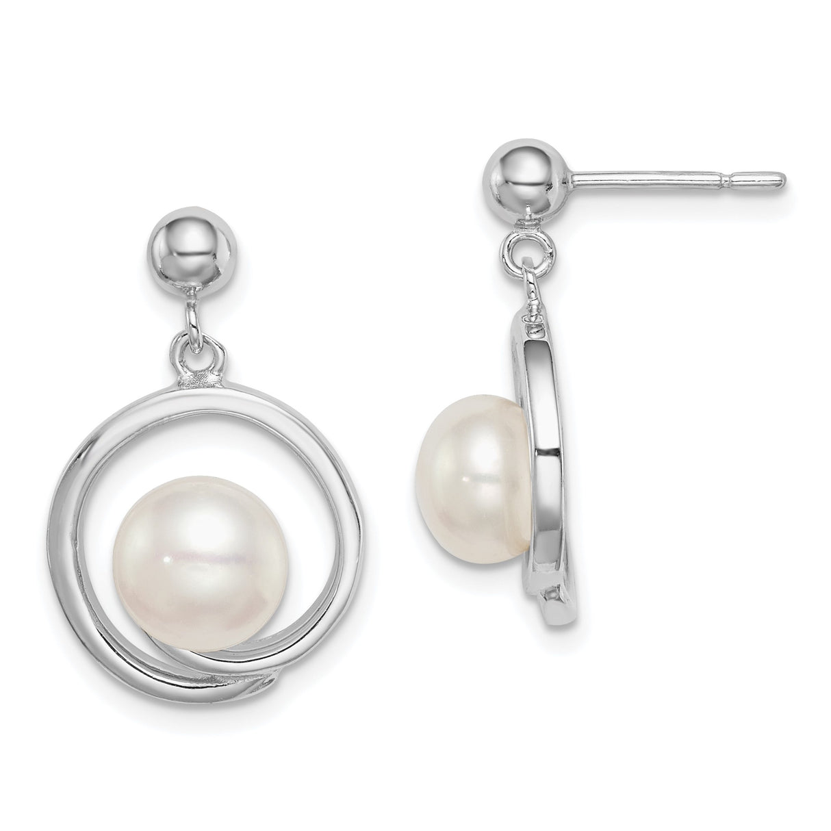 Sterling Silver Drop Earrings with Round White Cultured Freshwater Pearls, Swirl Design