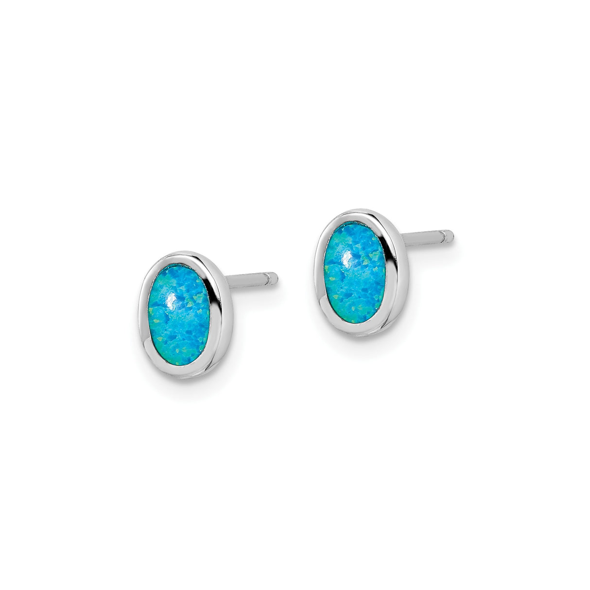 Sterling Silver Oval Stud Earrings with Created Opal Inlay, Bezel Set Minimalist Design