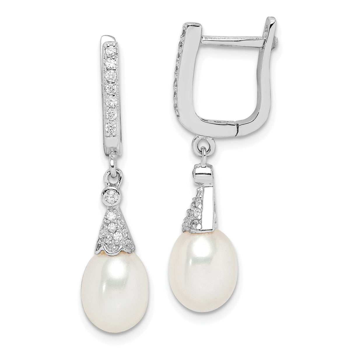 Sterling Silver Dangle Earrings with Freshwater Cultured Pearls and Cubic Zirconia Accents