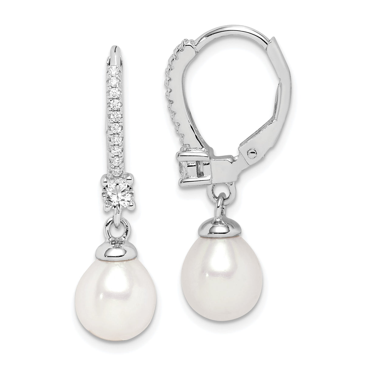 Sterling Silver Dangle Earrings with Freshwater Cultured Pearls and Cubic Zirconia Accents
