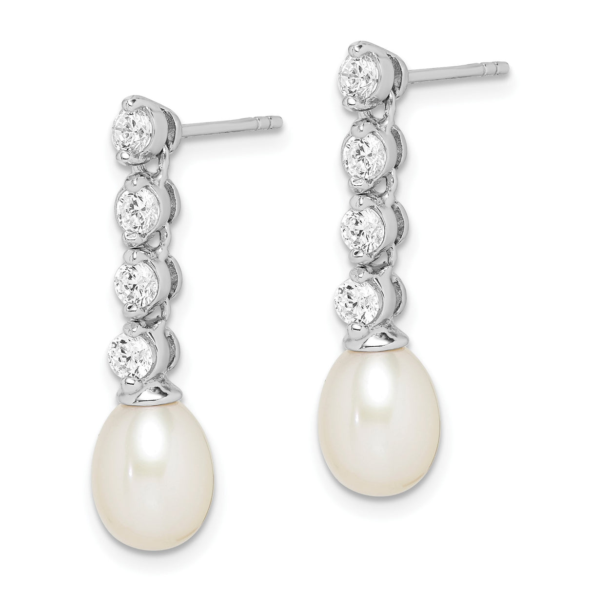Sterling Silver Drop Earrings with Freshwater Pearl and Cubic Zirconia, Linear Bridal Design