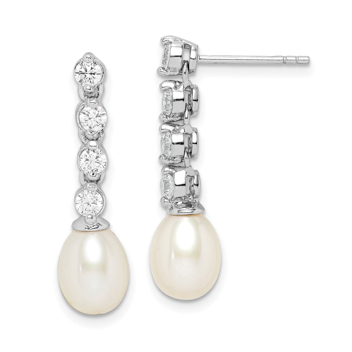 Sterling Silver Drop Earrings with Freshwater Pearl and Cubic Zirconia, Linear Bridal Design