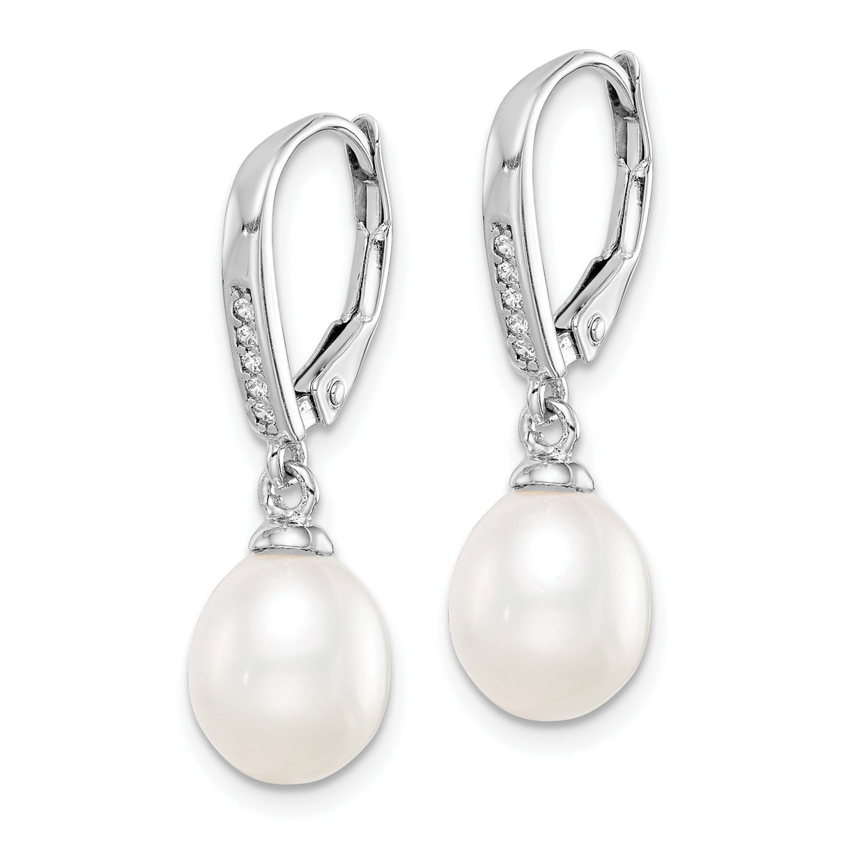 Sterling Silver Drop Earrings with White Freshwater Cultured Pearls and Cubic Zirconia