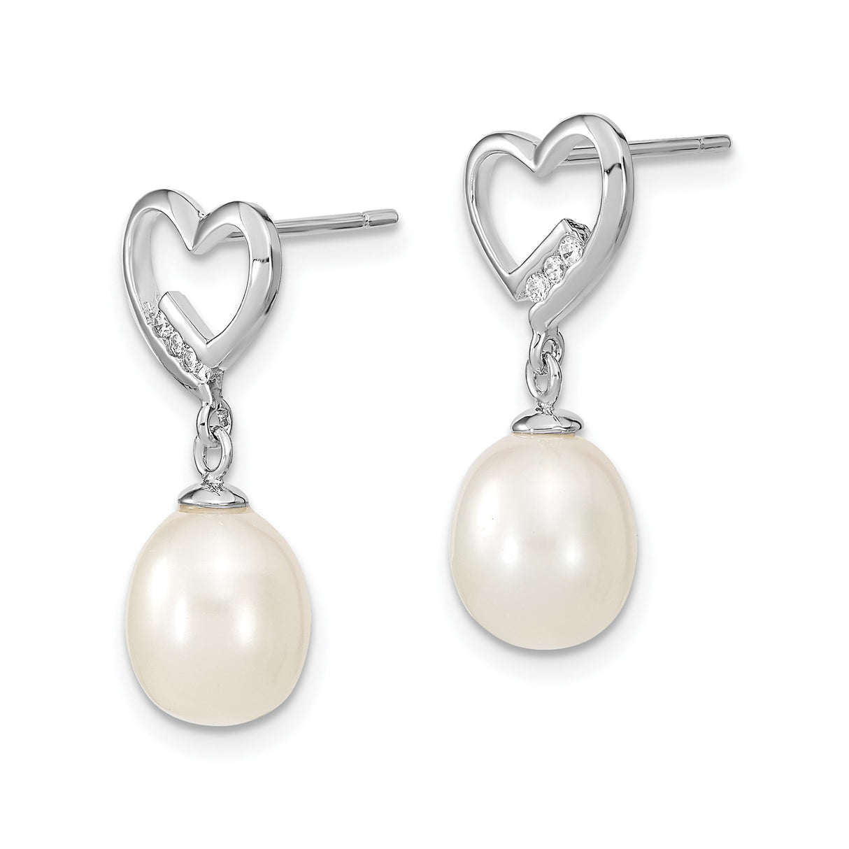 Sterling Silver Heart Dangle Earrings with Freshwater Pearls and Cubic Zirconia