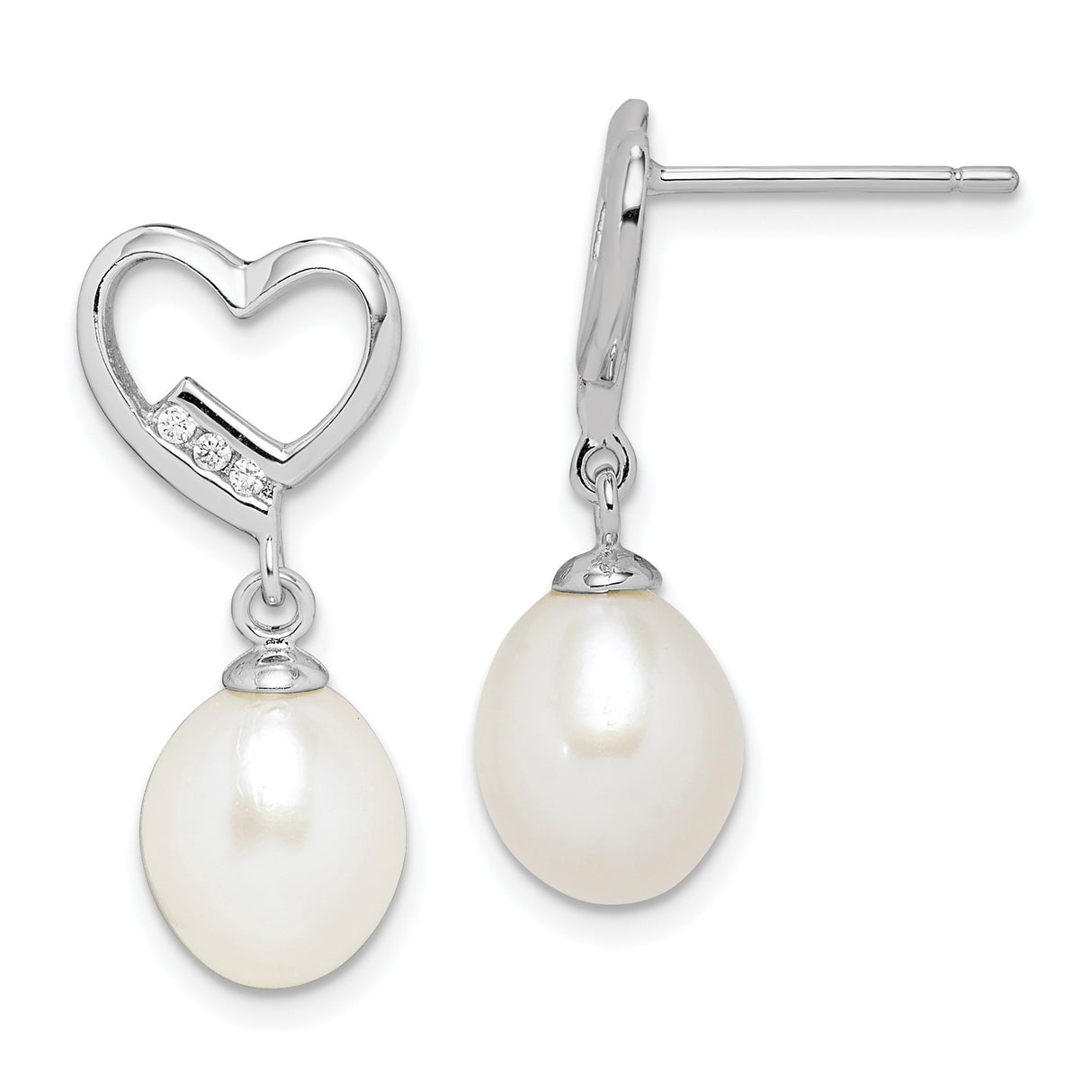 Sterling Silver Heart Dangle Earrings with Freshwater Pearls and Cubic Zirconia
