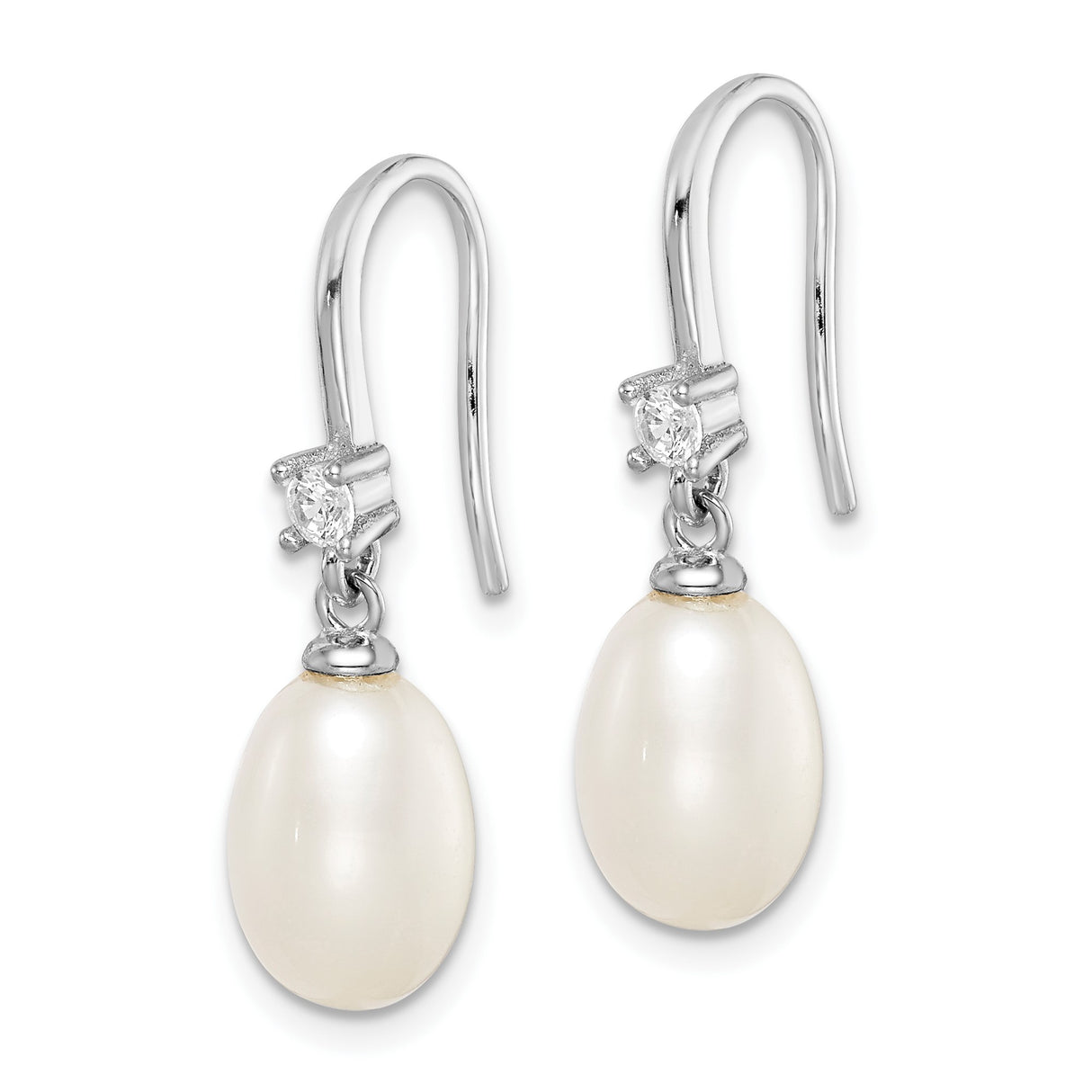 Sterling Silver Drop Earrings with White Freshwater Cultured Pearls and Cubic Zirconia Accents